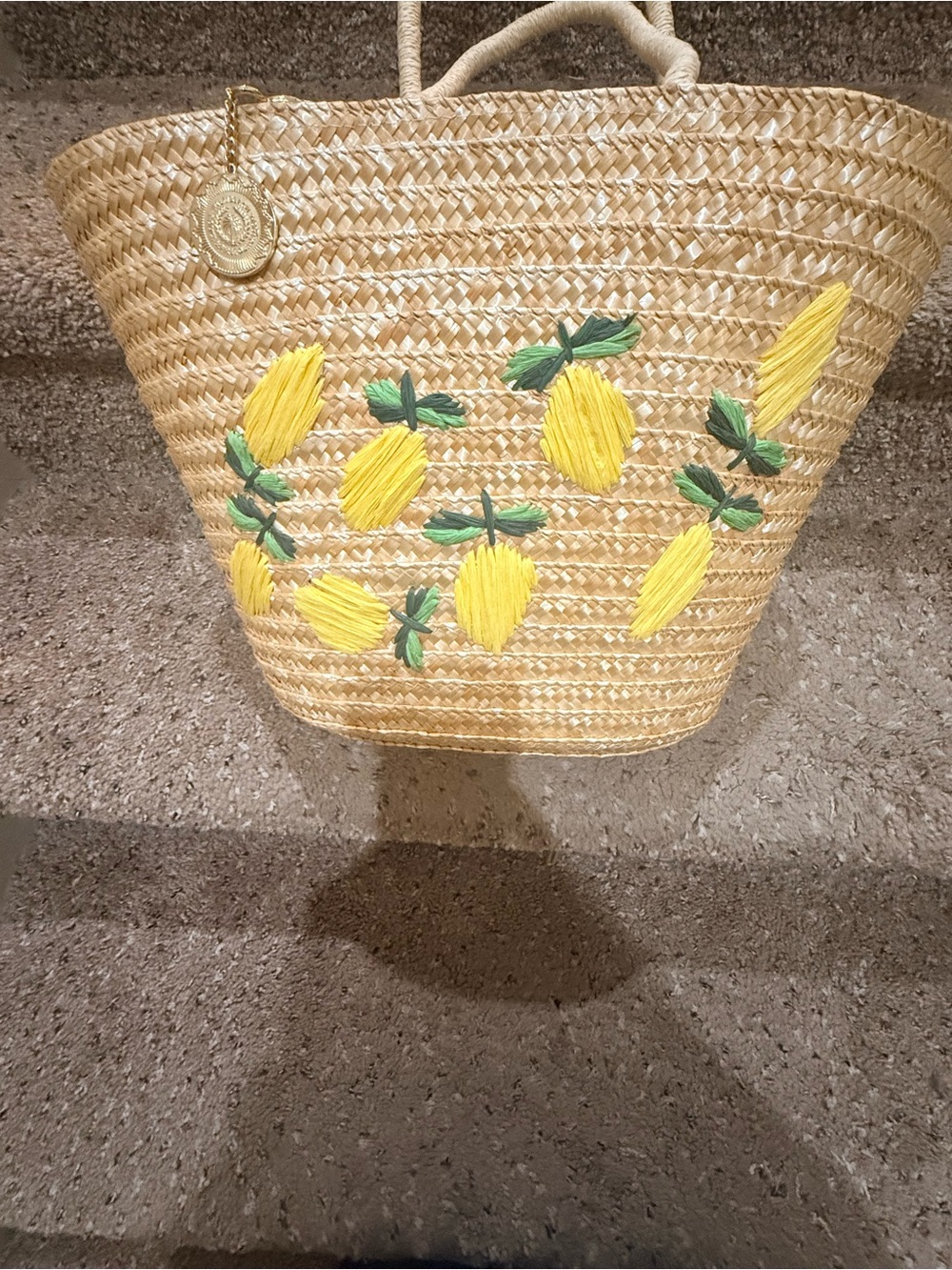 Handwoven Straw Tote with Yellow Lemon Embroidery